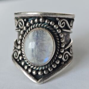 Vingage 925 sterling silver rainbow moonstone oval Wide Ring